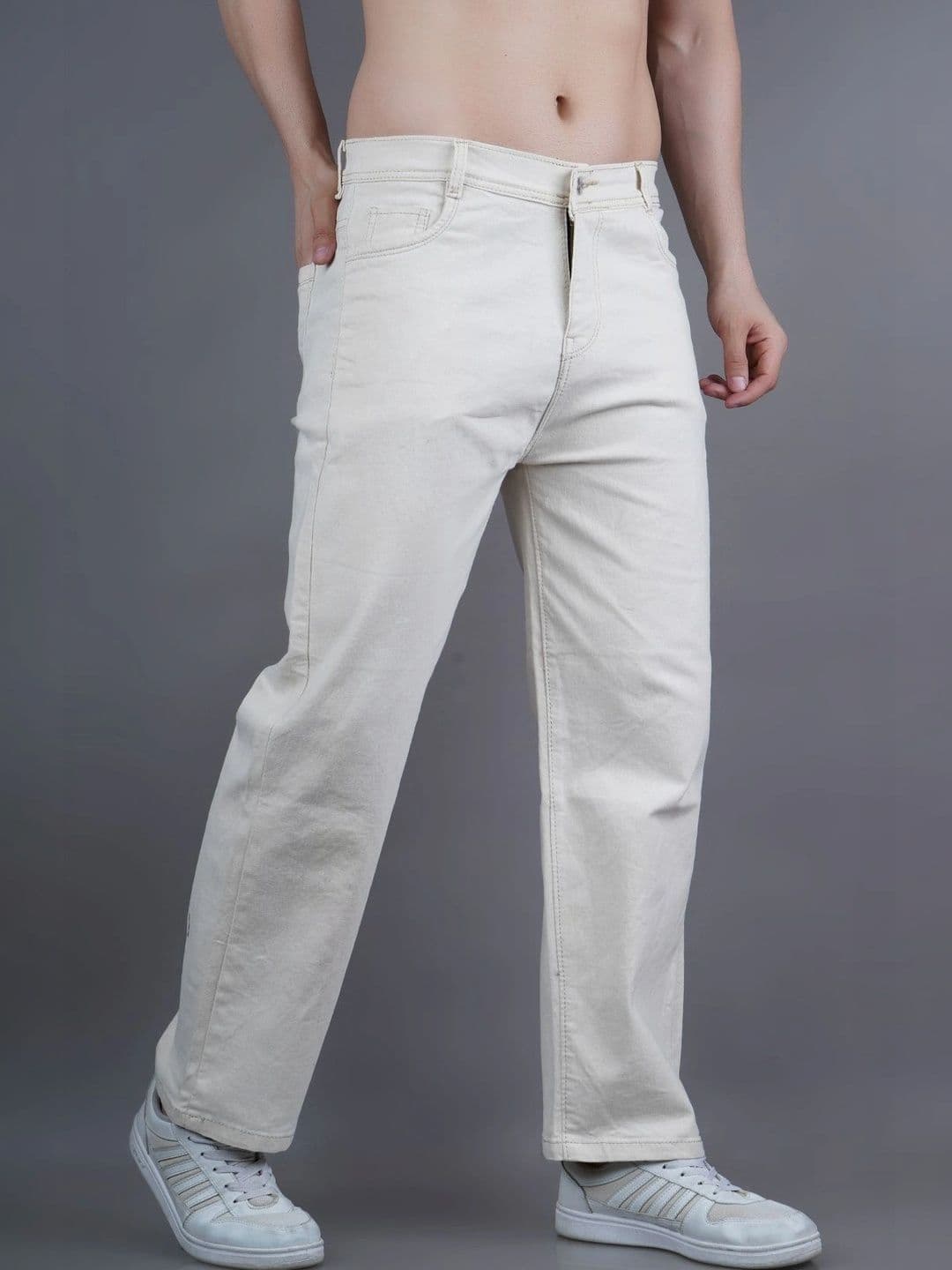 HERE&NOW Men's Light Beige Clean Look Relaxed Straight Fit Jeans - view 1
