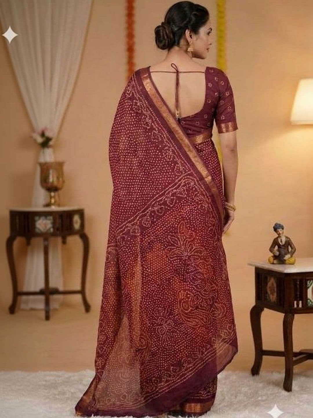 KALINI Bandhani Zari Pure Georgette Fusion Saree thumbnail 4