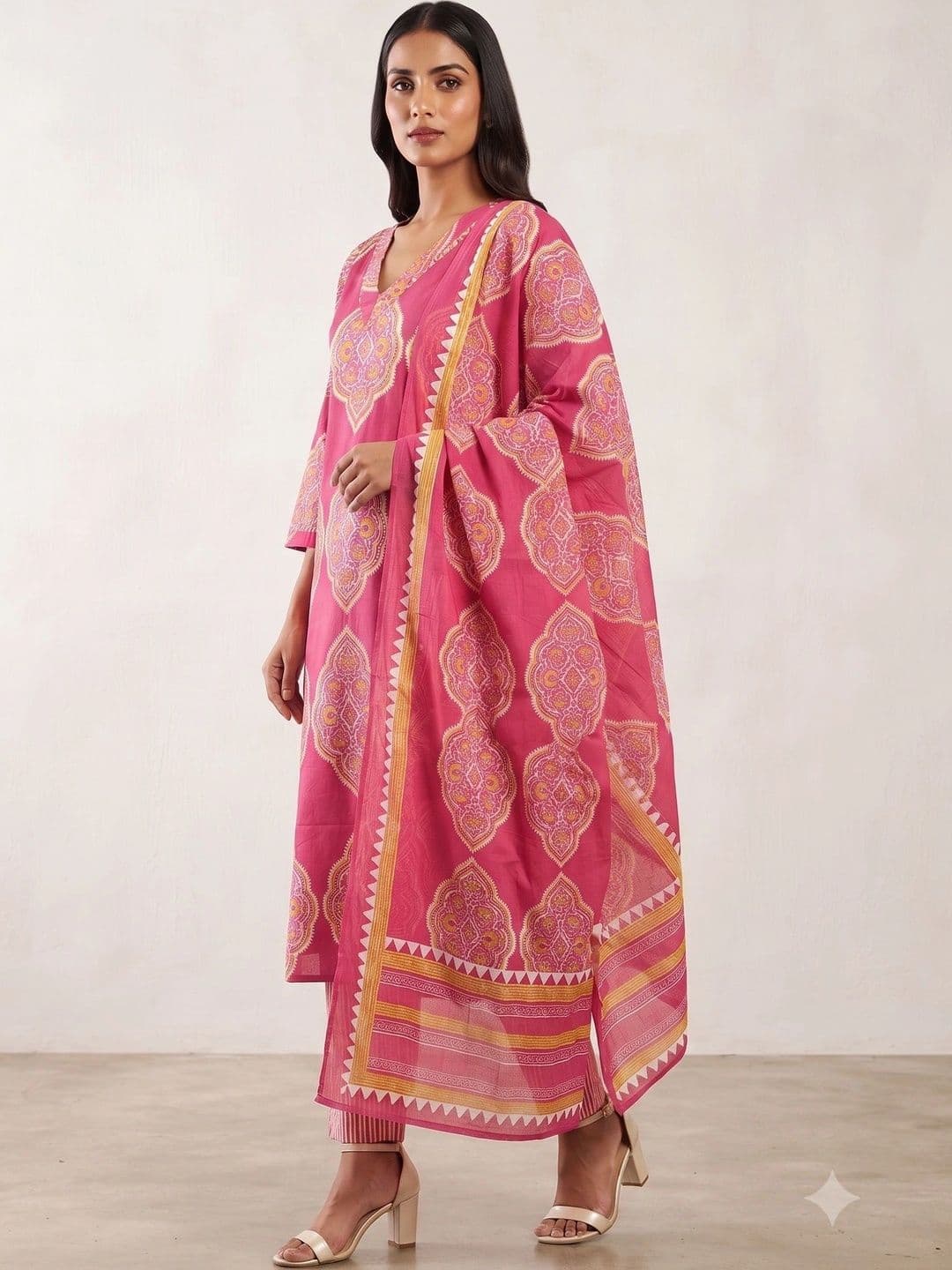 NAVYAAZRI Women Ethnic Motifs Printed Regular Pure Cotton Kurta with Trousers & With Dupatta - view 1