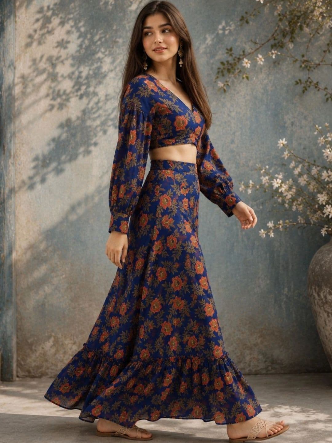 indo street Women Floral Printed Top with Skirt thumbnail 3