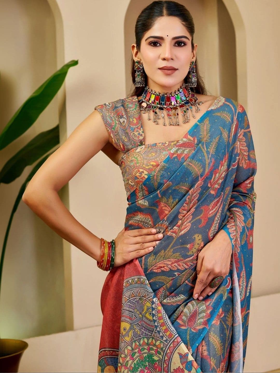 ZAMUNA Women Kalamkari Tissue Designer Bhagalpuri Saree thumbnail 6