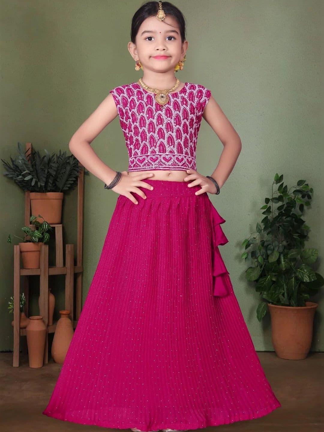 Tiny Twirls Girls Embellished Sequinned Ready to Wear Lehenga & - view 1