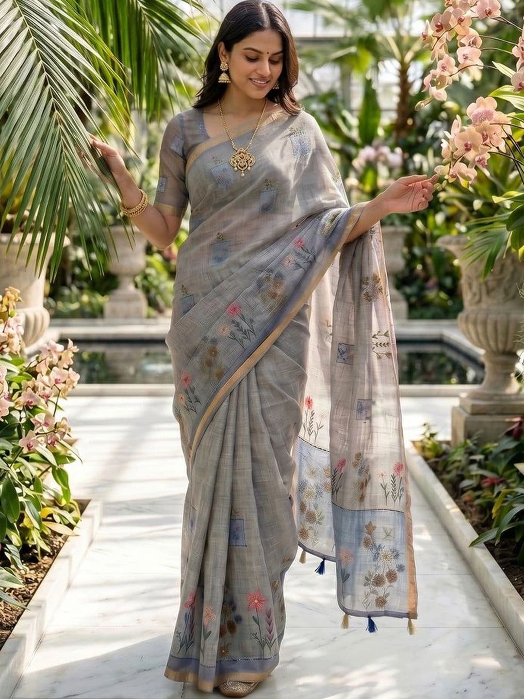 Mitera Floral Linen Blend Tussar Saree thumbnail 6
