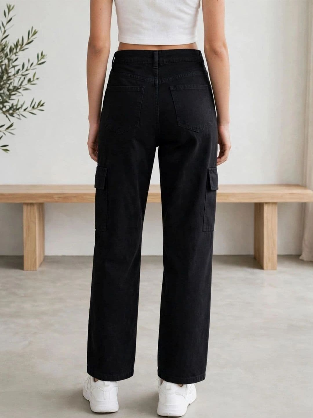 HERE&NOW Women's Jet Black Mid-Rise Wide-Leg Cargo Jeans thumbnail 2
