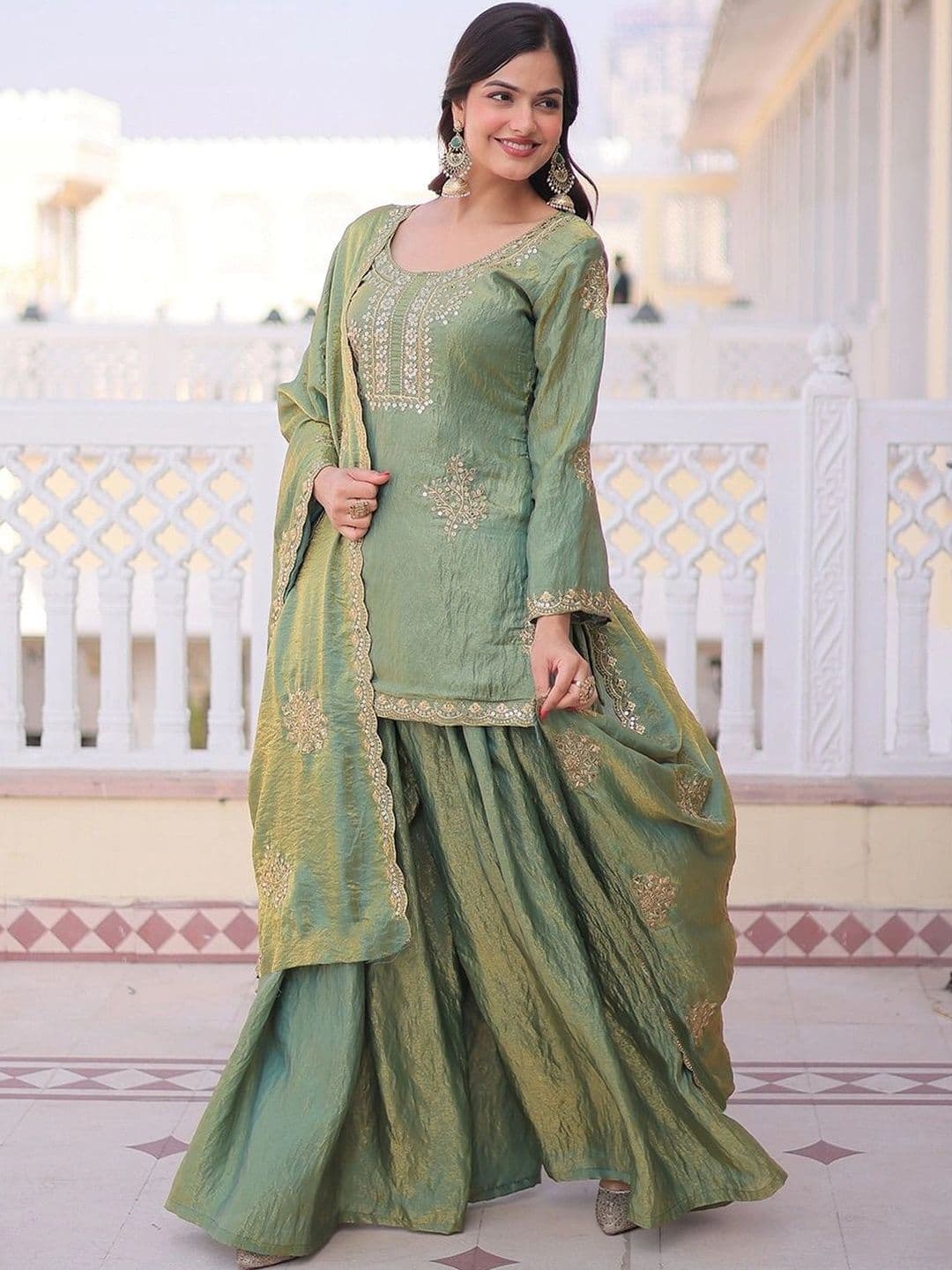 KALINI Ethnic Motifs Embroidered Dupion Silk Straight Kurta with Sharara & Dupatta thumbnail 2