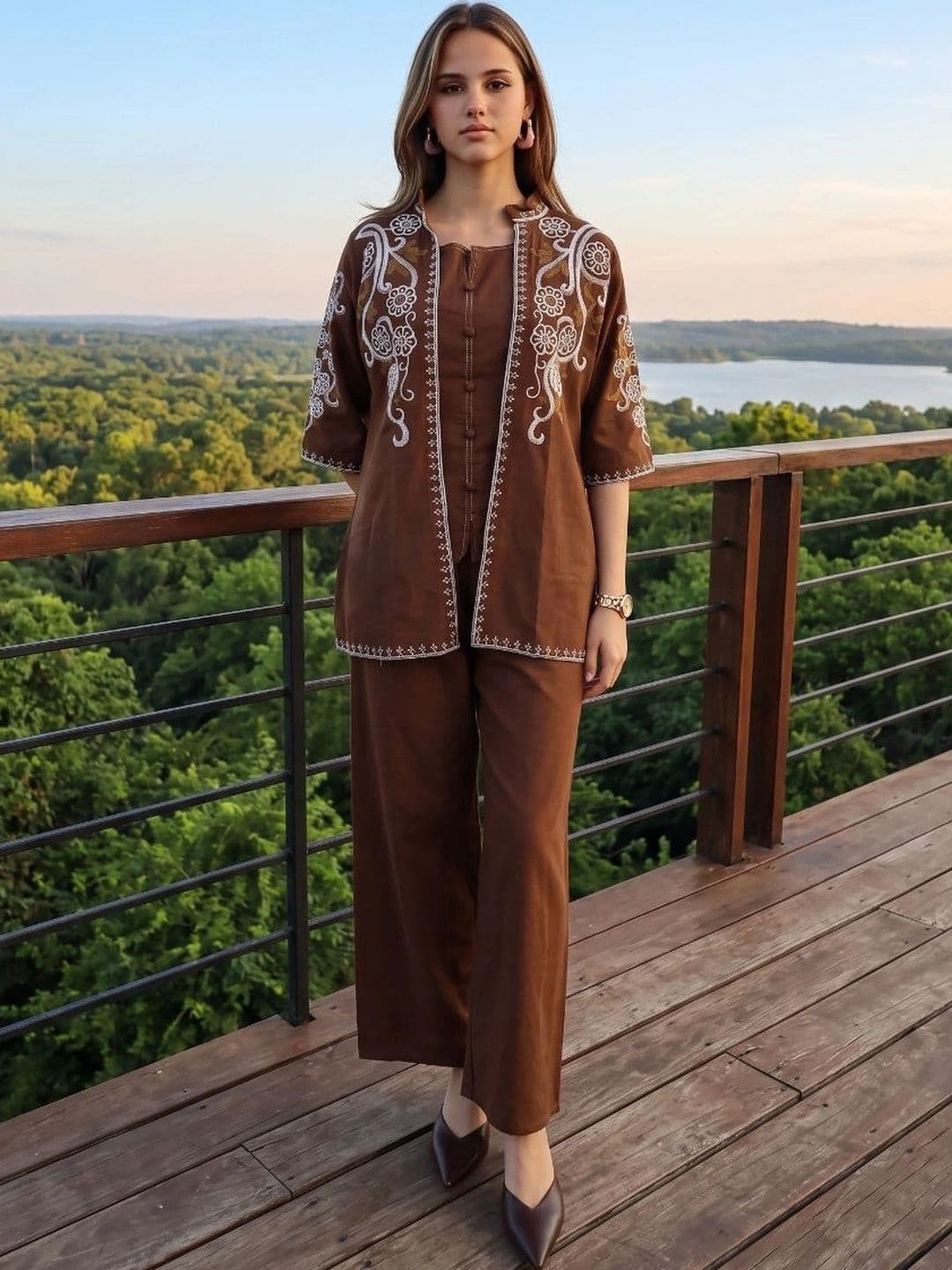 KALINI Women Ethnic Motifs Embroidered Regular Thread Work Pure Cotton Top with Trousers thumbnail 7