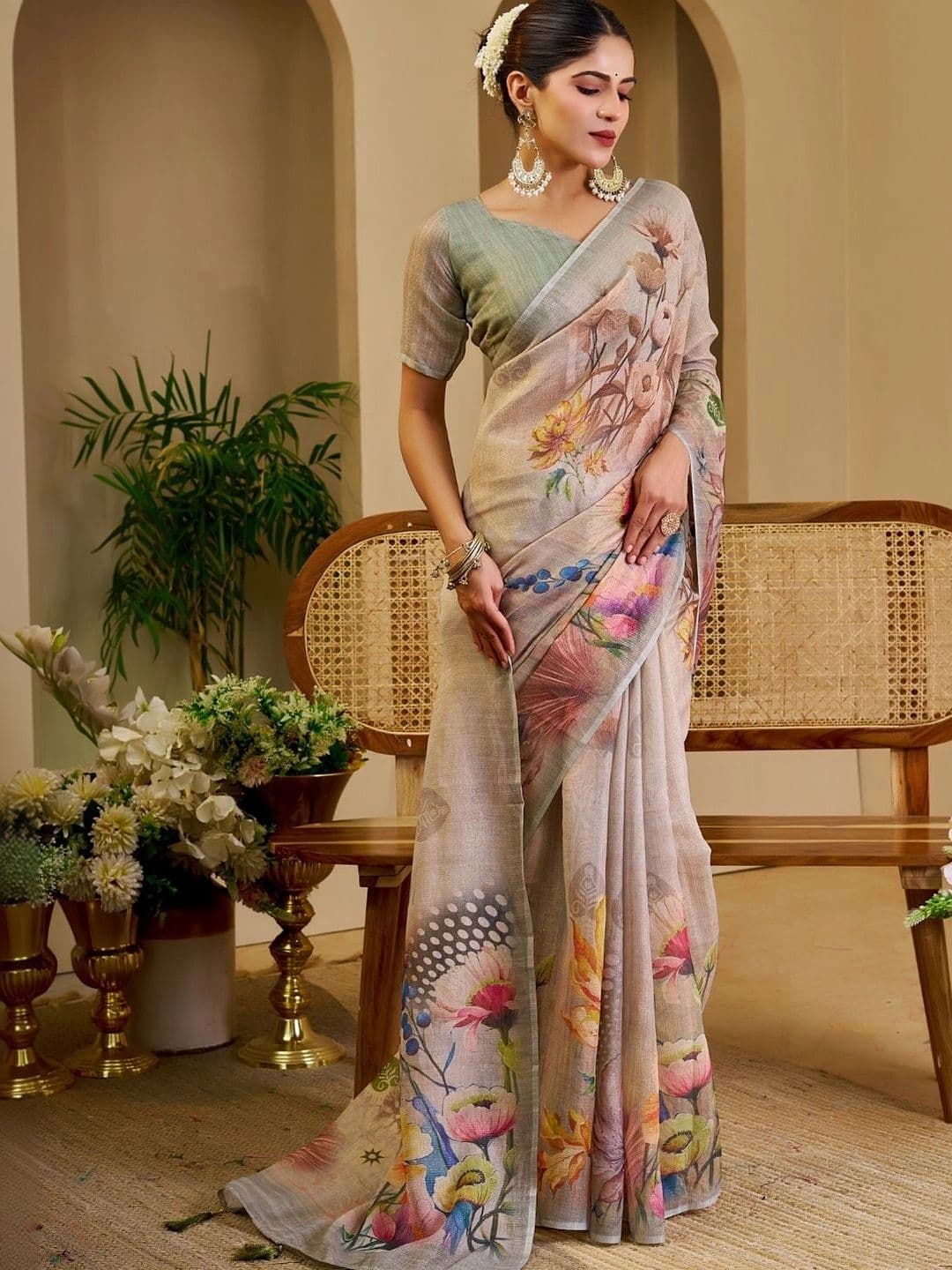 ZAMUNA Women Floral Tissue Designer Bhagalpuri Saree thumbnail 5