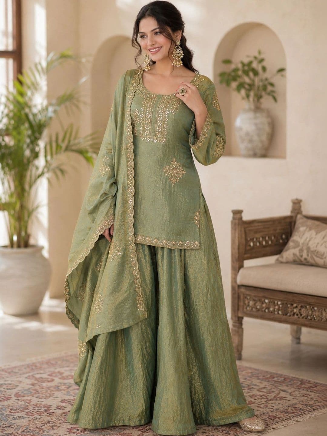 KALINI Ethnic Motifs Embroidered Dupion Silk Straight Kurta with Sharara & Dupatta - view 1
