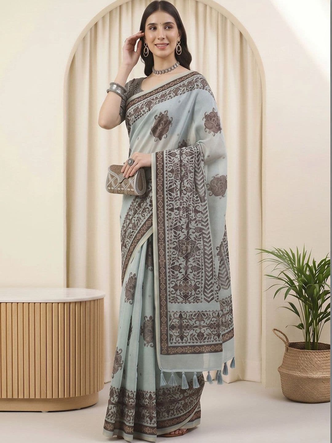 Sangria Ethnic Motifs Linen Blend Designer Block Print Saree thumbnail 7