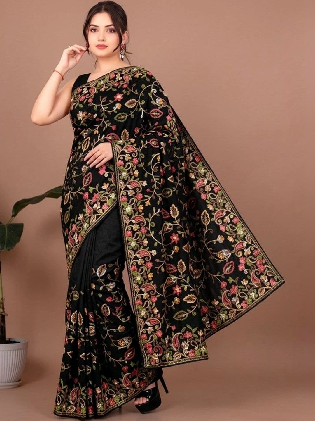 akhodalkrp Floral Embroidered Net Saree - view 1