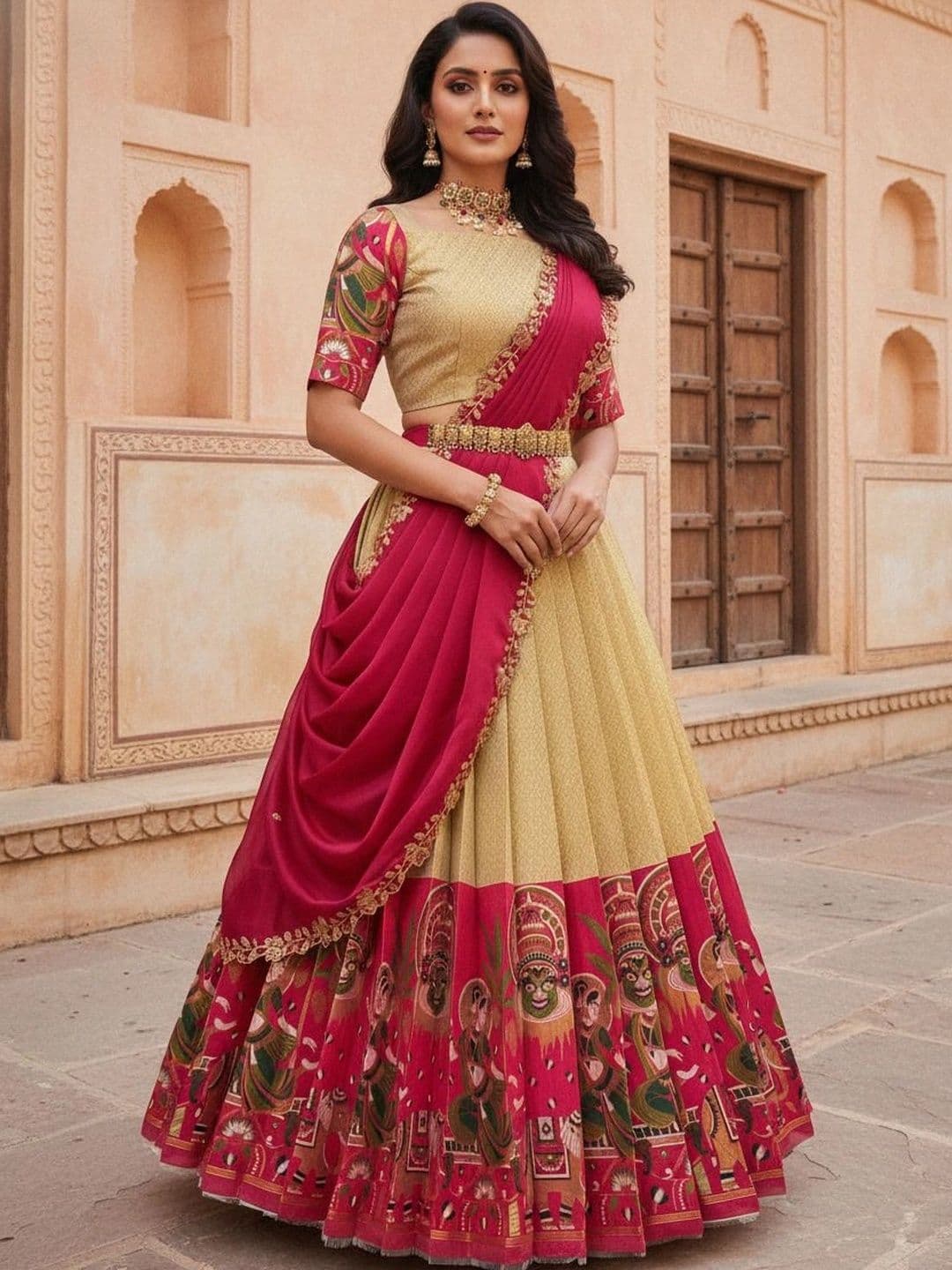 Fabcartz Sequinned Printed Silk Unstitched Lehenga & Blouse With Dupatta - view 1