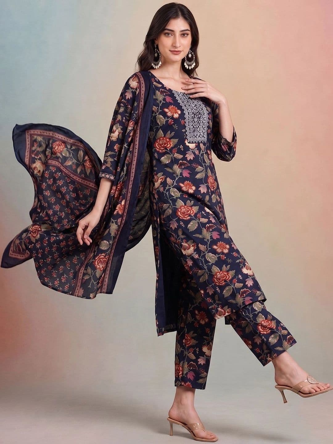 AADVIKA Women Floral Printed Regular Thread Work Kurta with Trousers & With Dupatta thumbnail 4