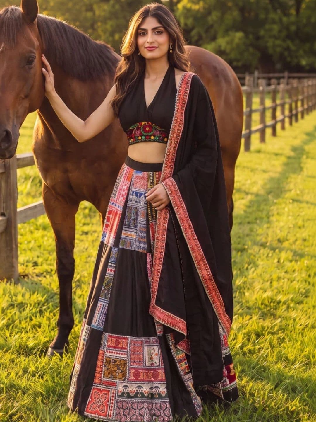 JIHU CULTURE Embroidered Thread Work Semi-Stitched Lehenga & Unstitched Blouse With Dupatta thumbnail 2