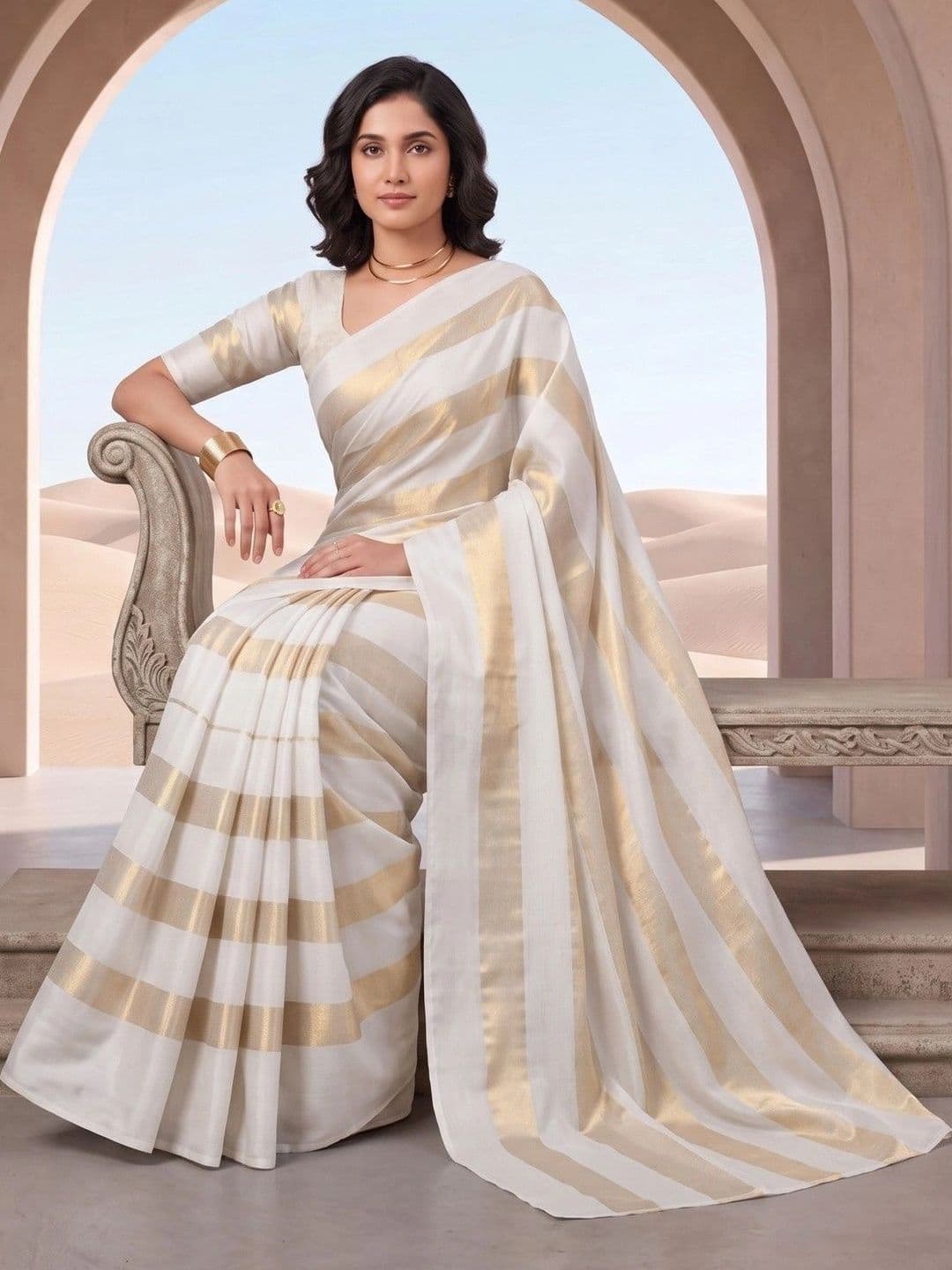 House of Vived Striped Silk Blend Designer Saree thumbnail 4