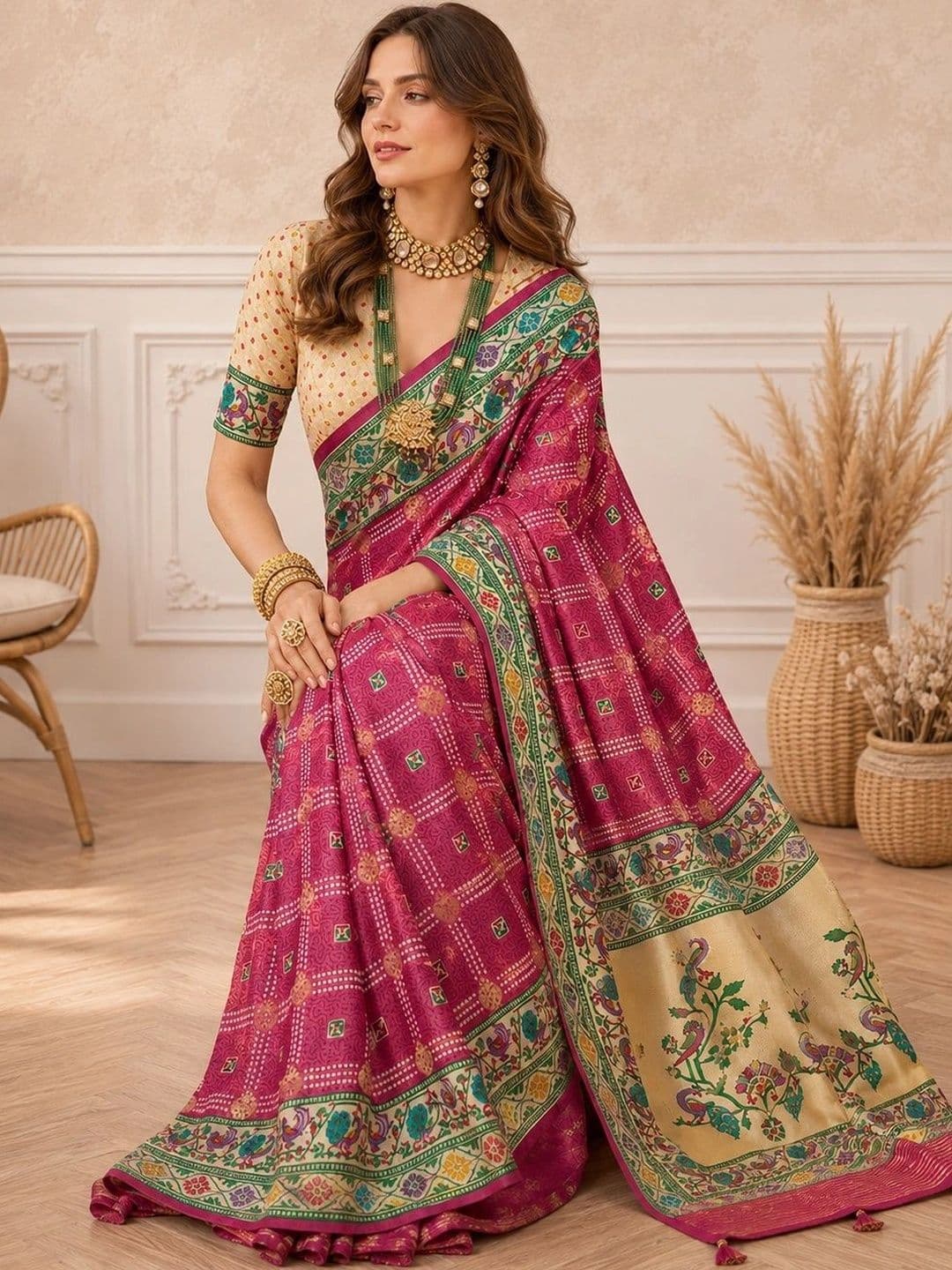 all about you Bandhani Zari Silk Blend Designer Paithani Saree thumbnail 5