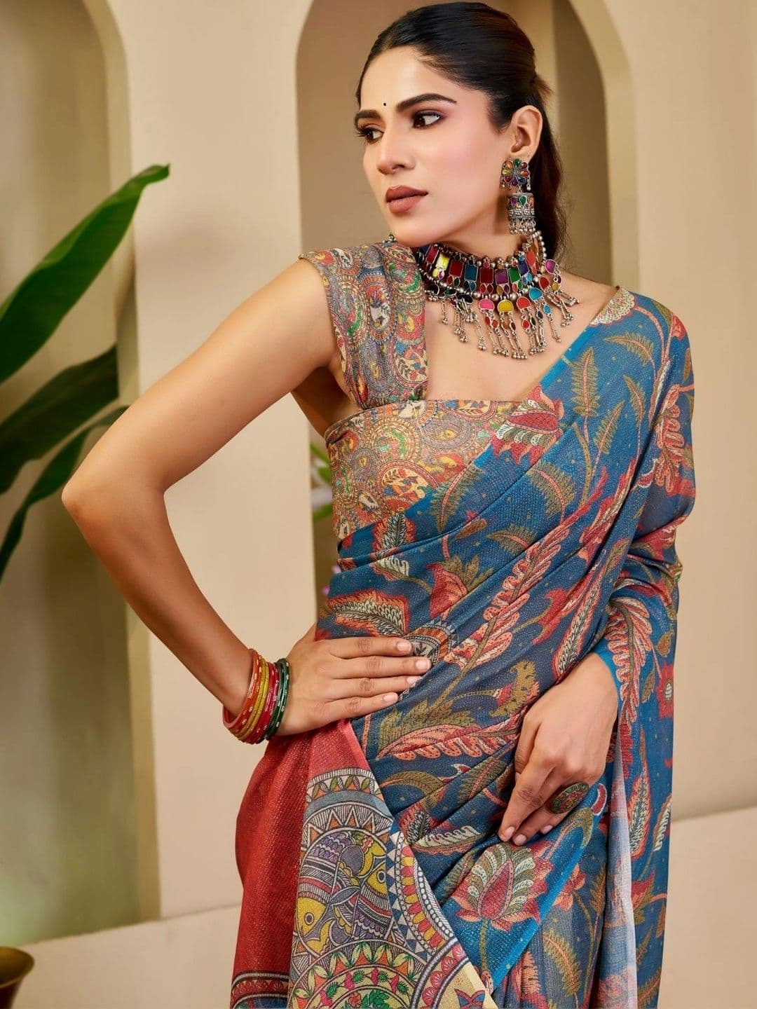ZAMUNA Women Kalamkari Tissue Designer Bhagalpuri Saree thumbnail 2
