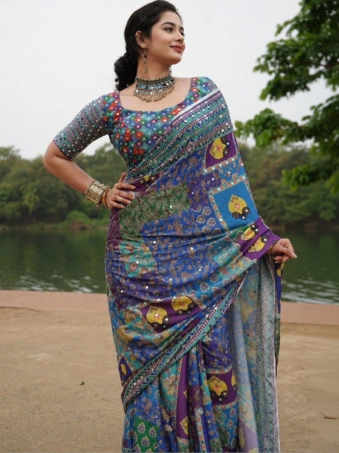 Sangria Ajrak Block Mirror Work Poly Chiffon Patola Saree - view 1