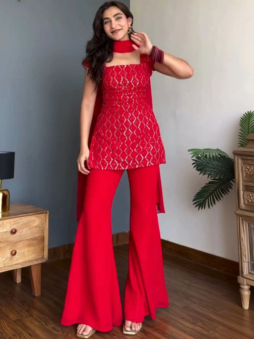 HERE&NOW Women Ethnic Motifs Embroidered Regular Sequinned Kurta with Palazzos & With Dupatta - view 1