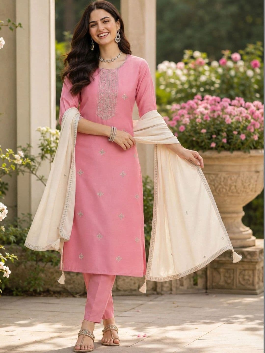 Orriya Women Ethnic Motifs Embroidered Regular Thread Work Kurta with Trousers & With Dupatta - view 1