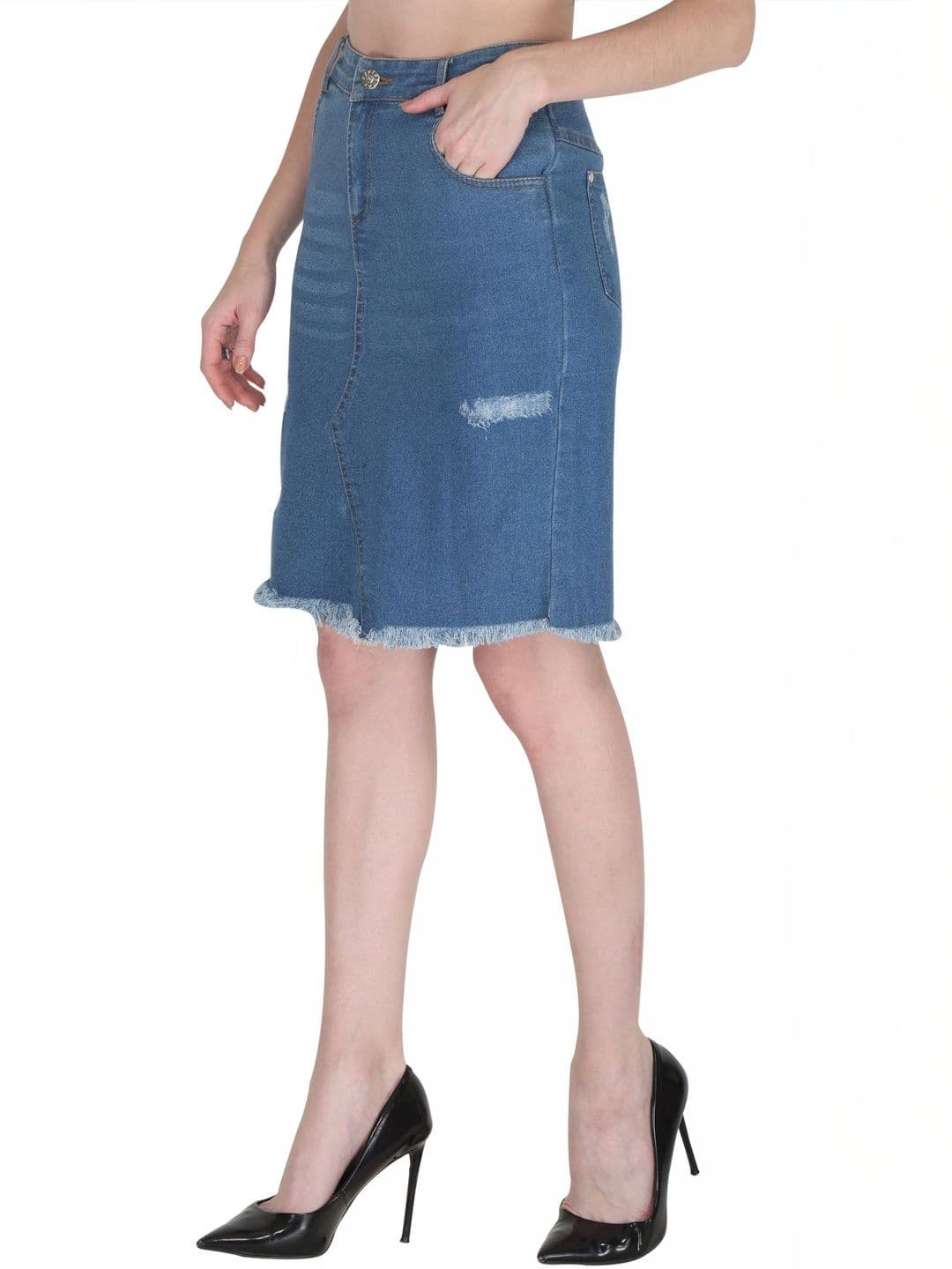 Peptrends Women Denim Frayed Denim Knee Length A-Line Skirt thumbnail 6