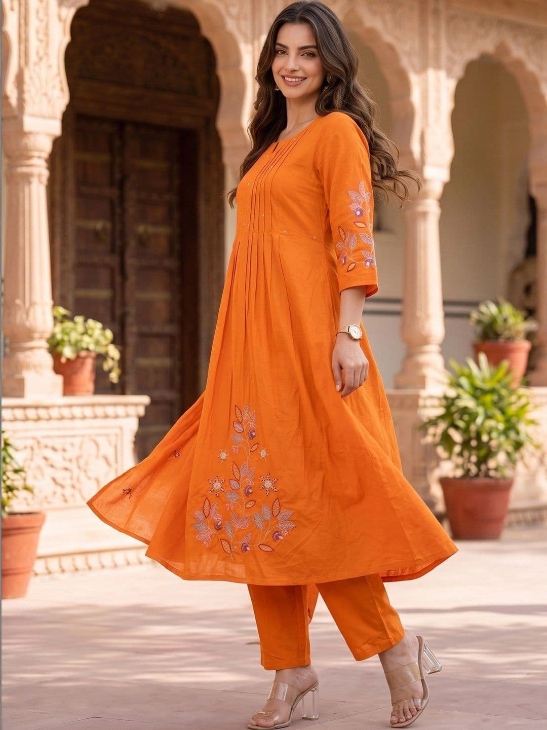 Sangria Women Floral Embroidered Regular Pure Cotton Kurta with Harem Pants & With Dupatta thumbnail 3