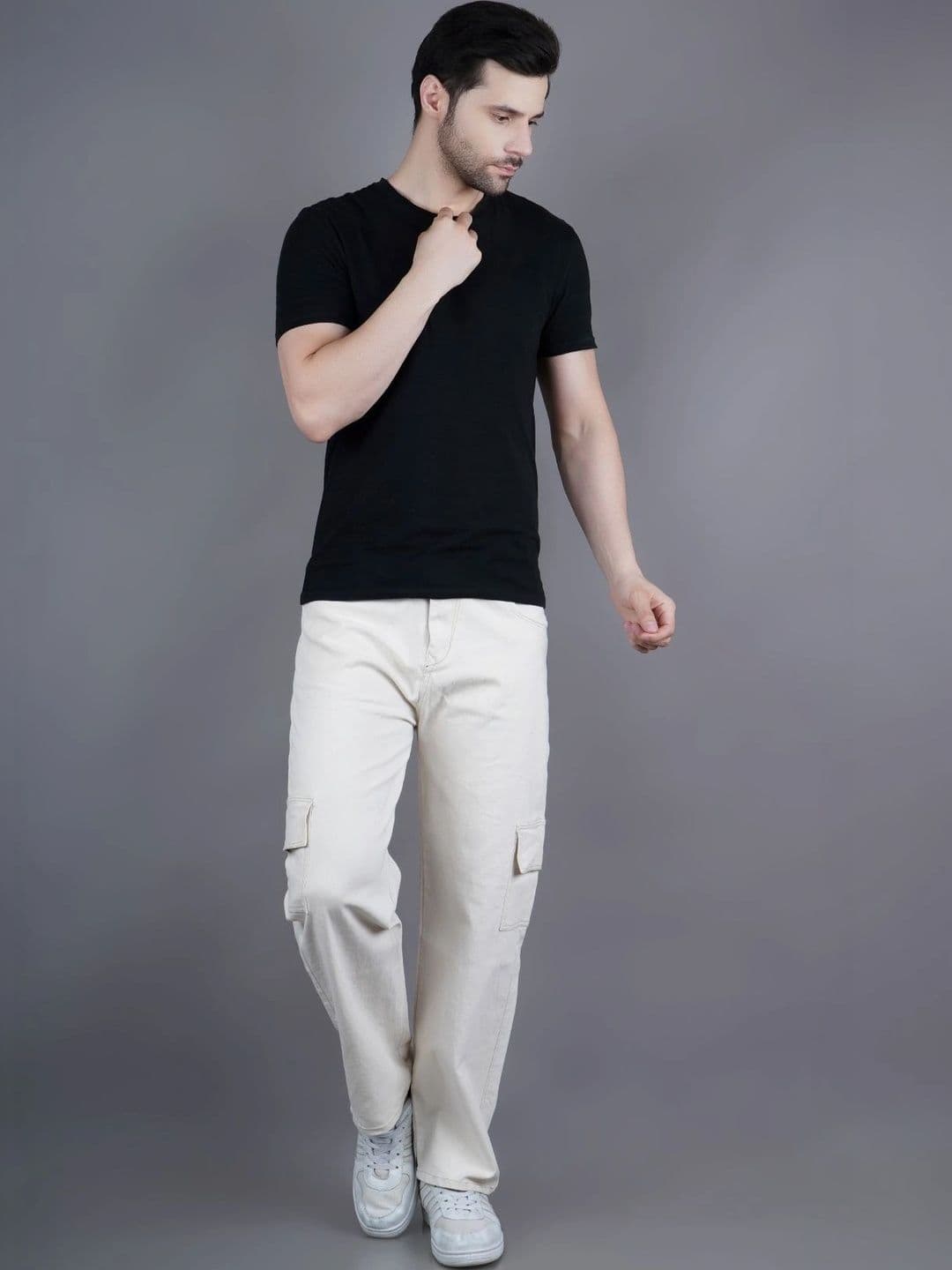 HERE&NOW Men's Beige Washed Cargo Contrast-Stitched Relaxed Straight Fit Jeans thumbnail 4