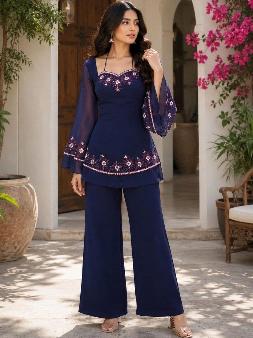 Sangria Women Ethnic Motifs Embroidered Regular Thread Work Kurta with Palazzos - view 1
