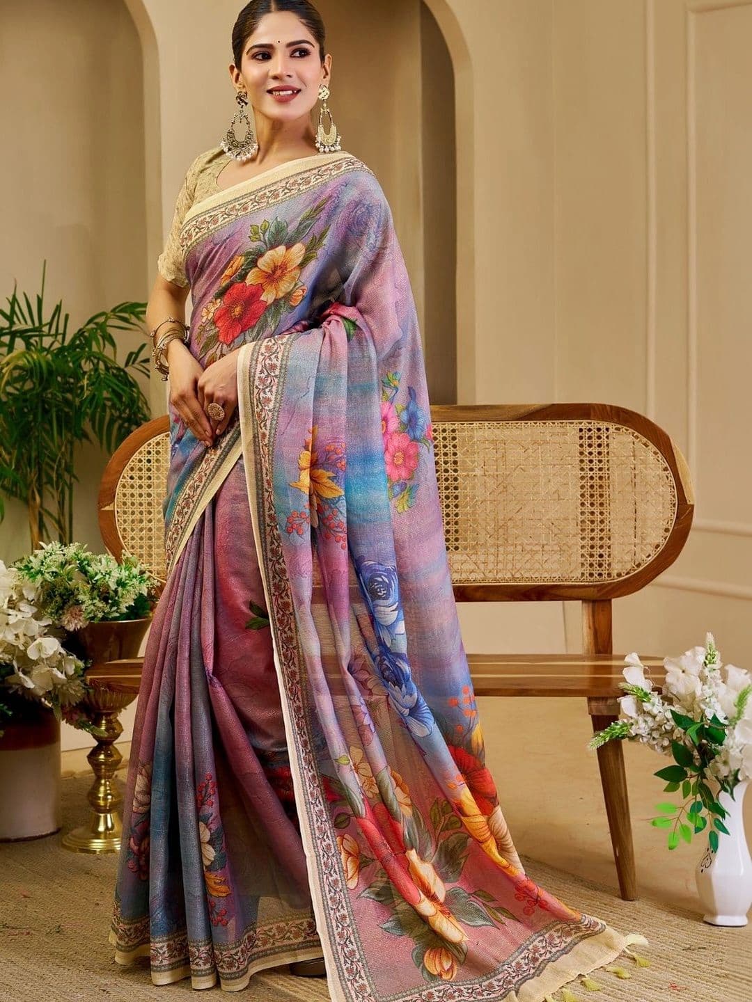 ZAMUNA Floral Tissue Designer Bhagalpuri Saree thumbnail 2