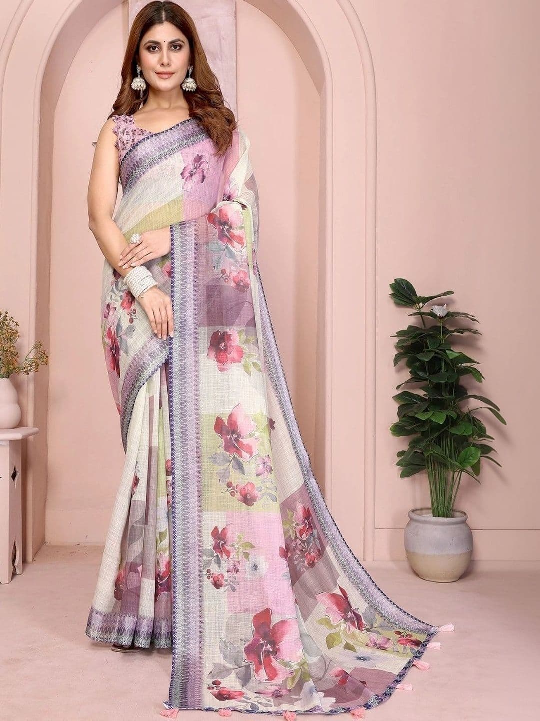 Kesarii Floral Linen Blend Saree - view 1