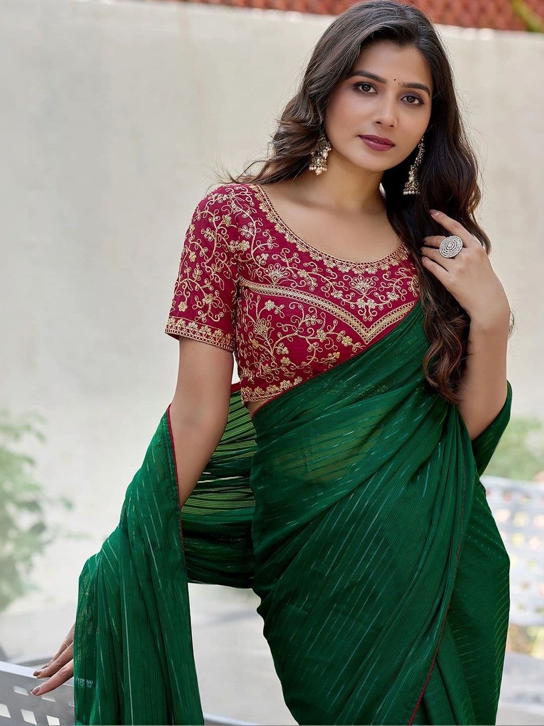 SANISA Striped Embroidered Pure Georgette Saree thumbnail 3
