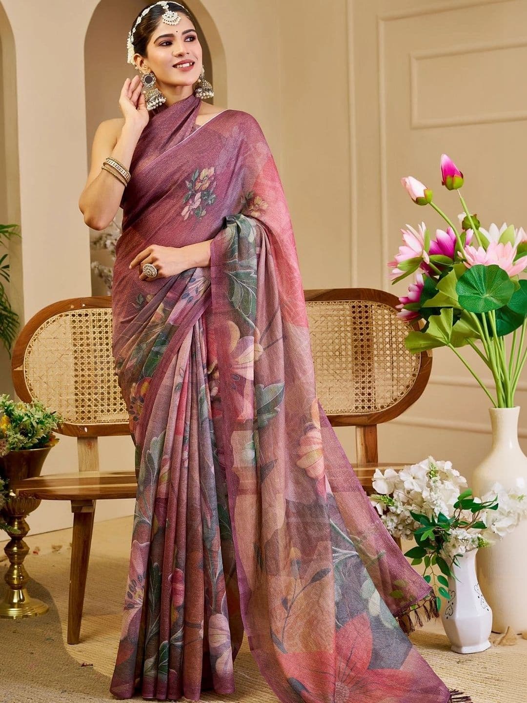 ZAMUNA Floral Tissue Designer Bhagalpuri Saree thumbnail 5