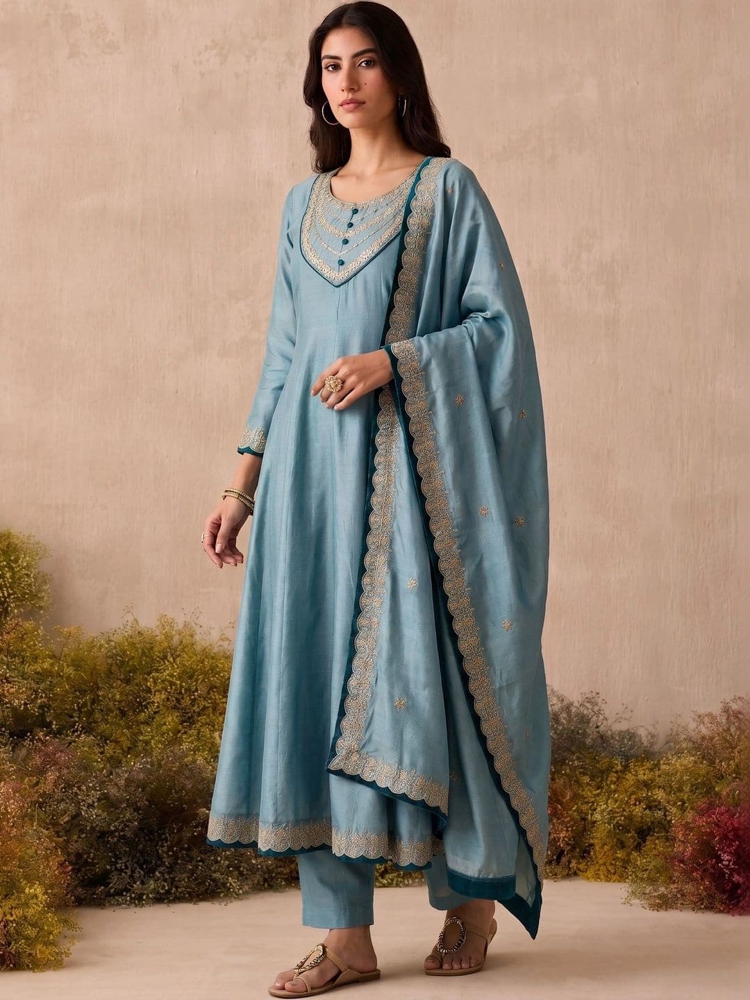 KALINI Women Ethnic Motifs Embroidered Empire Dupion Silk Kurta with Trousers & Dupatta thumbnail 3