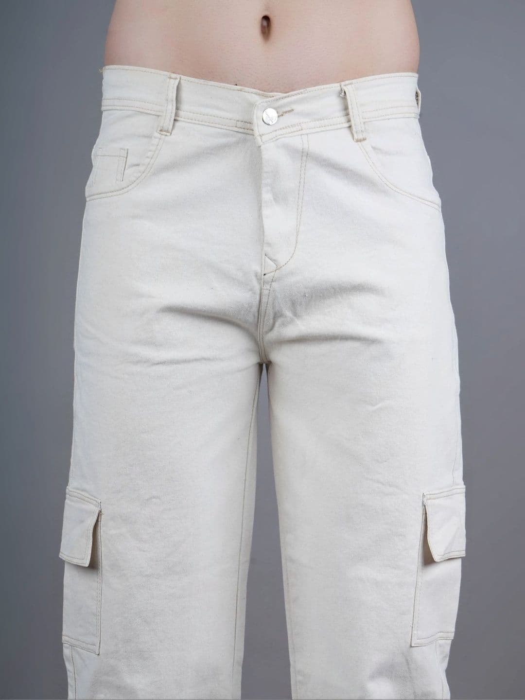 HERE&NOW Men's Mid-Rise Beige Cargo Jeans with Relaxed Straight Wide-Leg Fit thumbnail 4