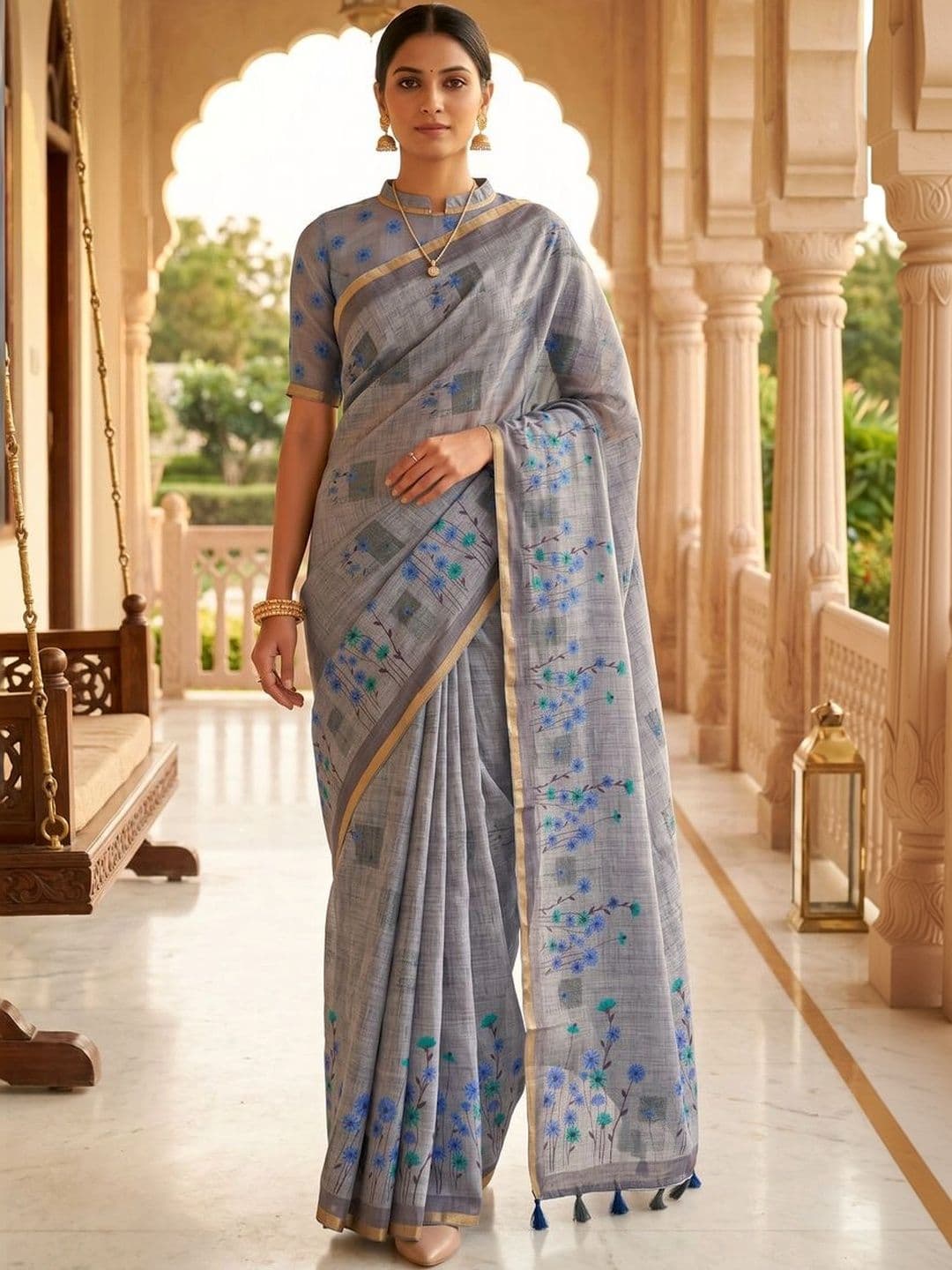 Mitera Floral Linen Blend Tussar Saree thumbnail 7