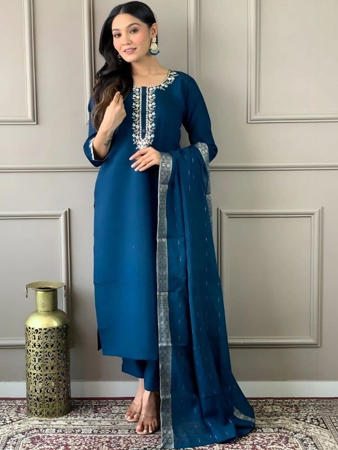 ERIKA Women Ethnic Motifs Embroidered Regular Thread Work Kurta with Trousers & With Dupatta - view 1