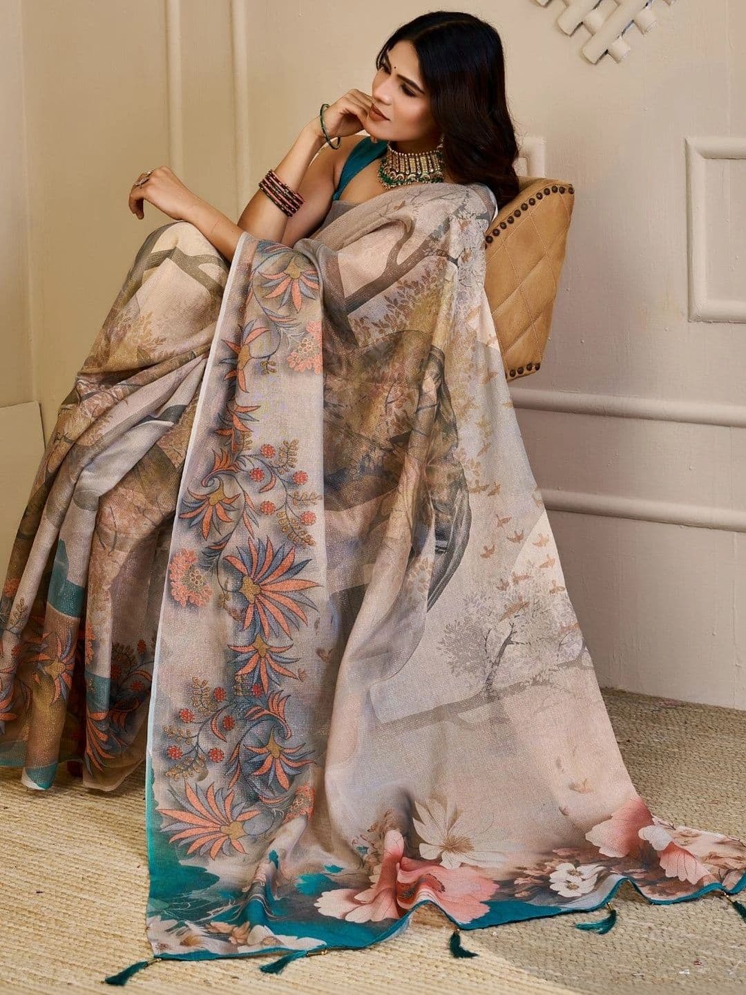 ZAMUNA Floral Tissue Designer Bhagalpuri Saree thumbnail 5