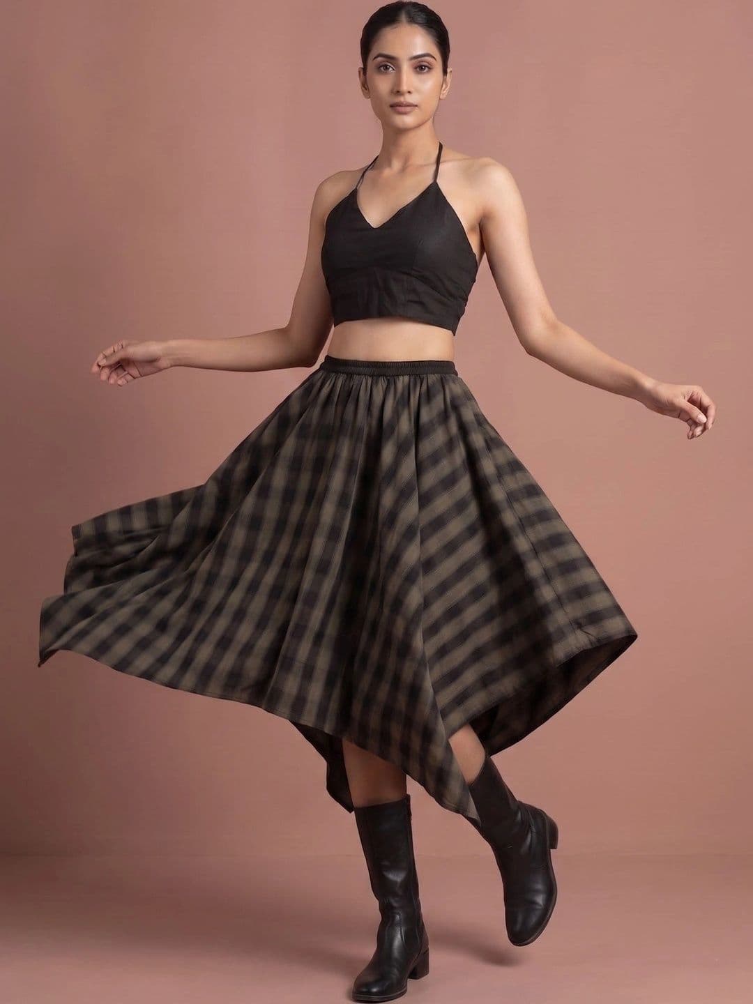 INUKA Women Pure Cotton Checked Summer Checks Midi Flared Skirt thumbnail 6
