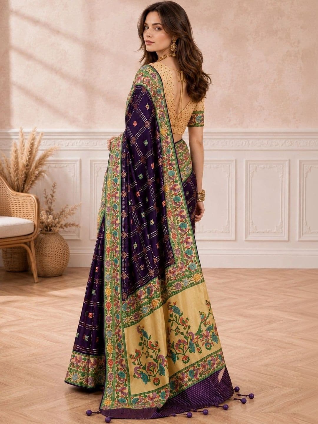 all about you Bandhani Embroidered Silk Blend Designer Paithani Saree thumbnail 4