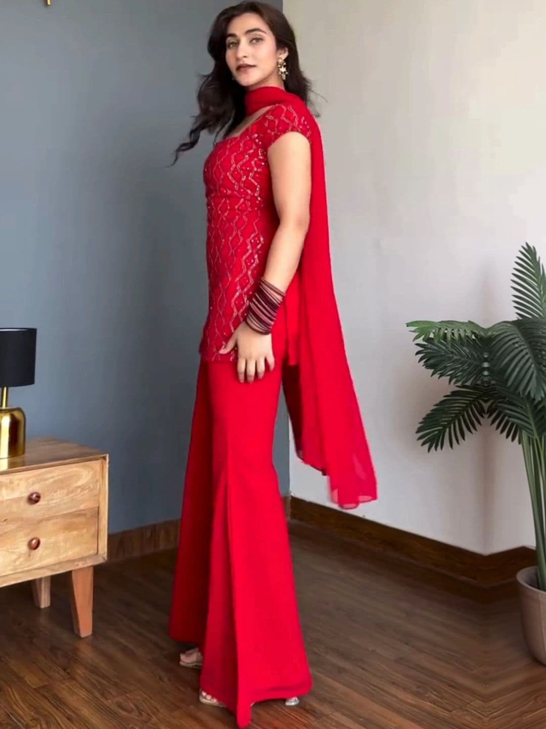 HERE&NOW Women Ethnic Motifs Embroidered Regular Sequinned Kurta with Palazzos & With Dupatta thumbnail 3