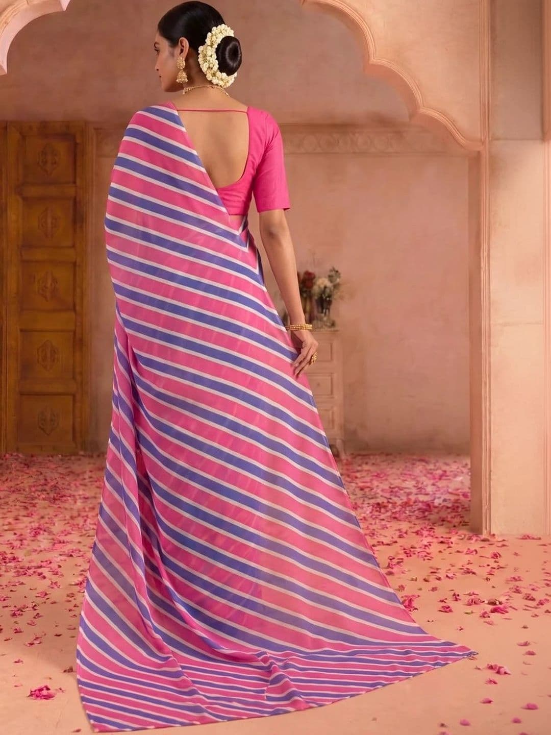 SAMANTHA Striped Poly Georgette Leheriya Saree thumbnail 3