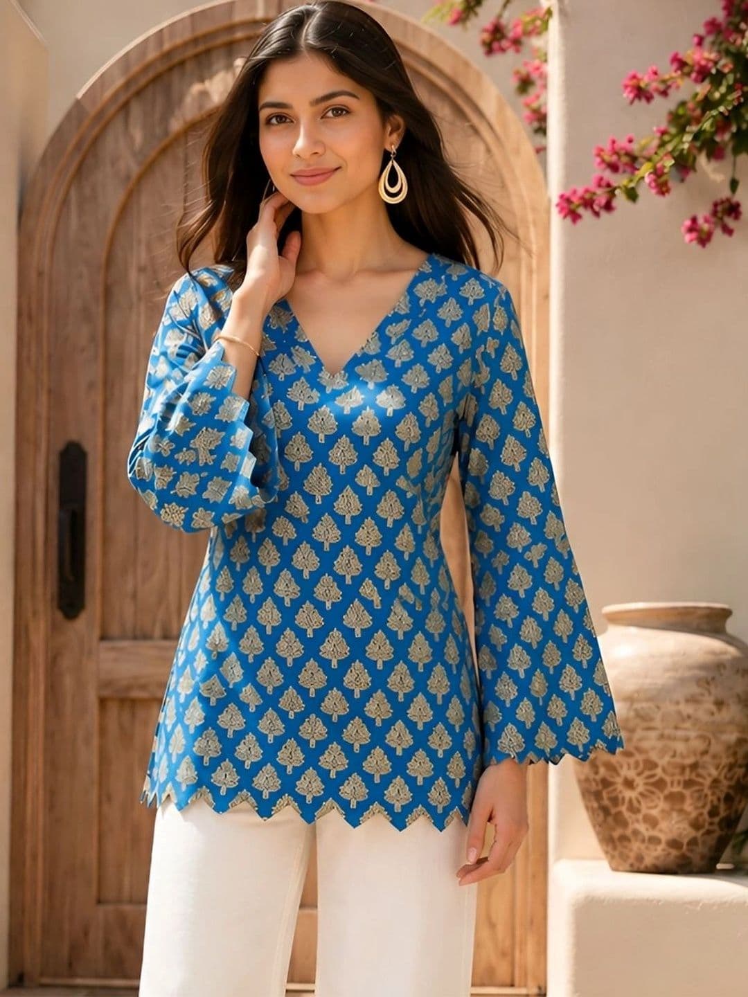 Anouk Ethnic Motifs Printed V-Neck Flared Sleeves Pure Cotton Straight Kurti - view 1