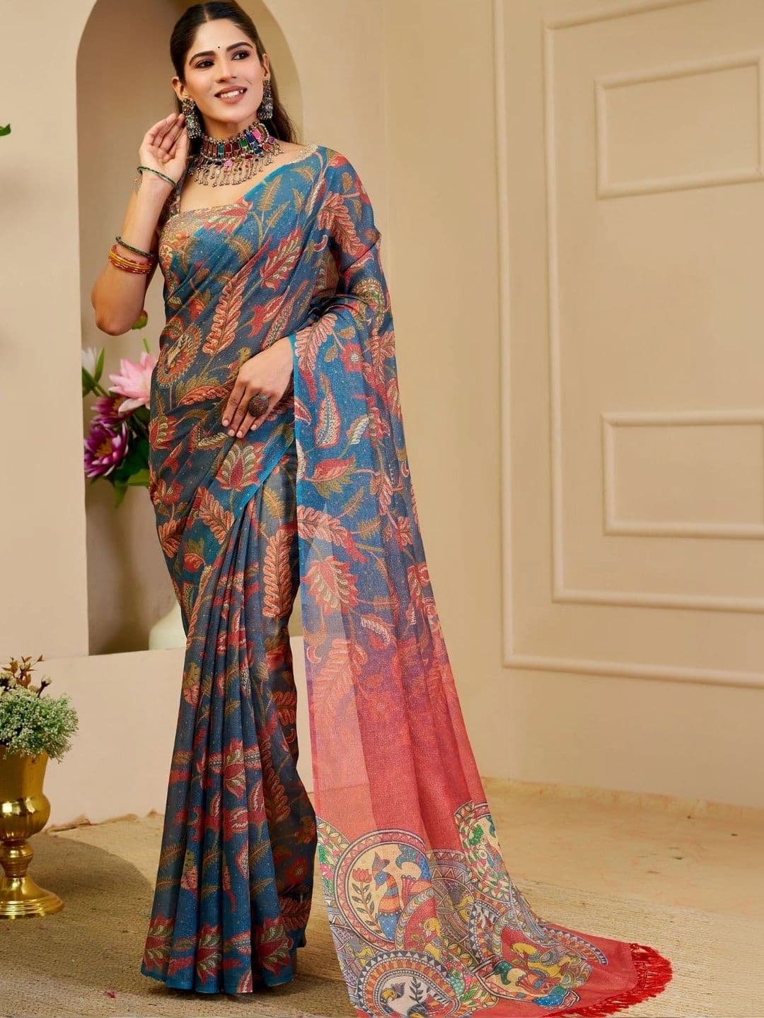 ZAMUNA Women Kalamkari Tissue Designer Bhagalpuri Saree - view 1