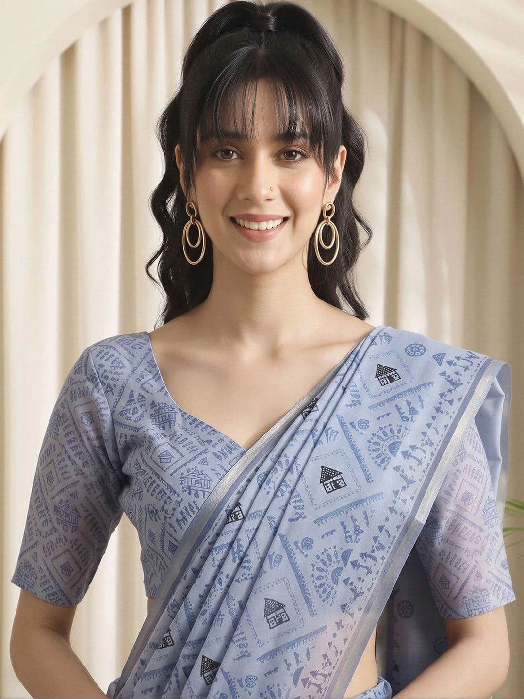 Sangria Warli Linen Blend Designer Block Print Saree thumbnail 2
