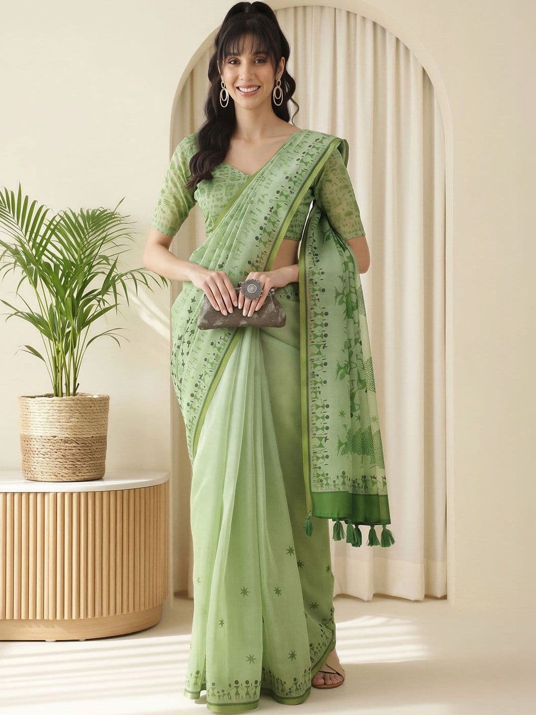 Sangria Warli Linen Blend Designer Block Print Saree - view 1
