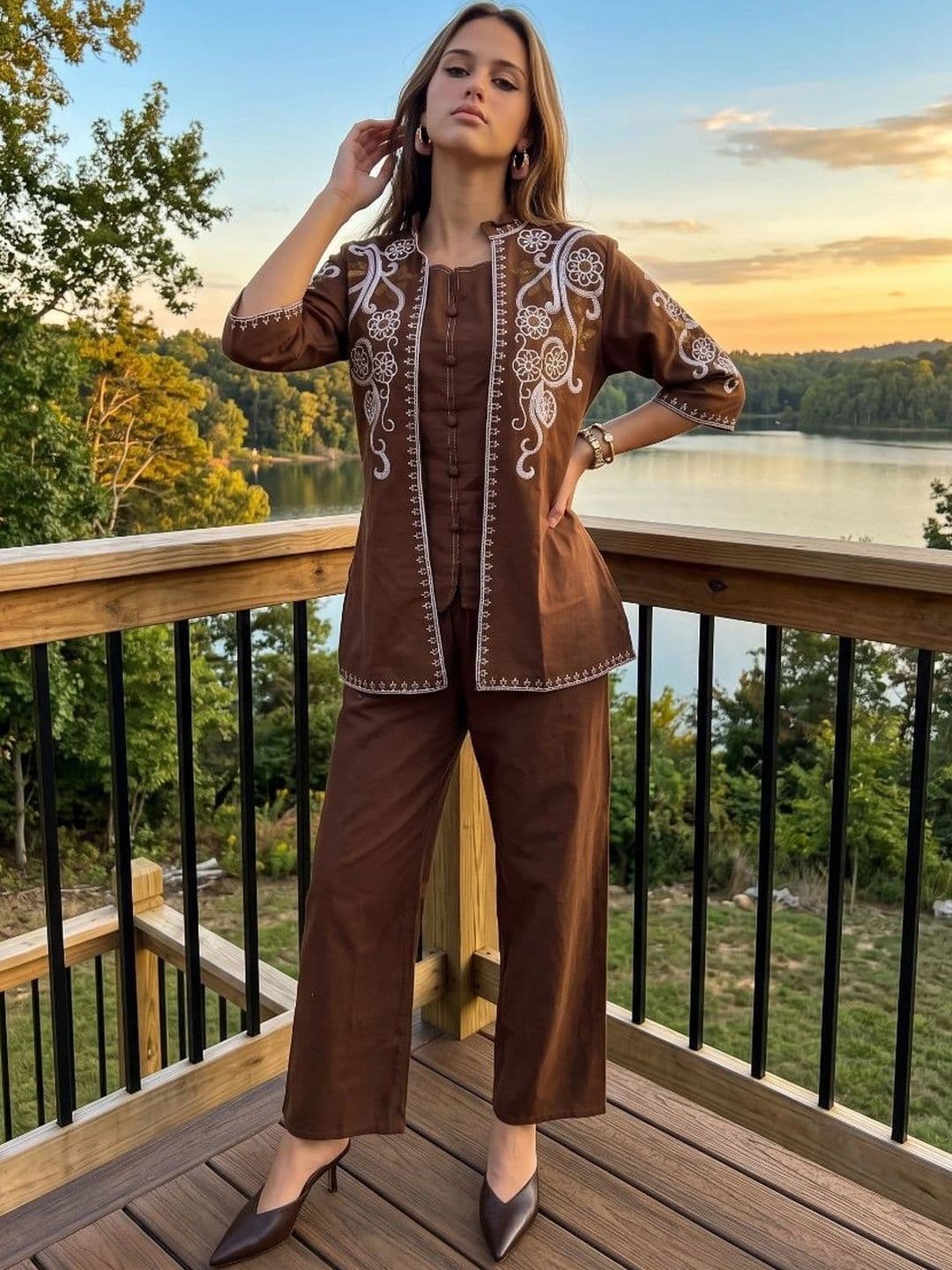 KALINI Women Ethnic Motifs Embroidered Regular Thread Work Pure Cotton Top with Trousers thumbnail 2