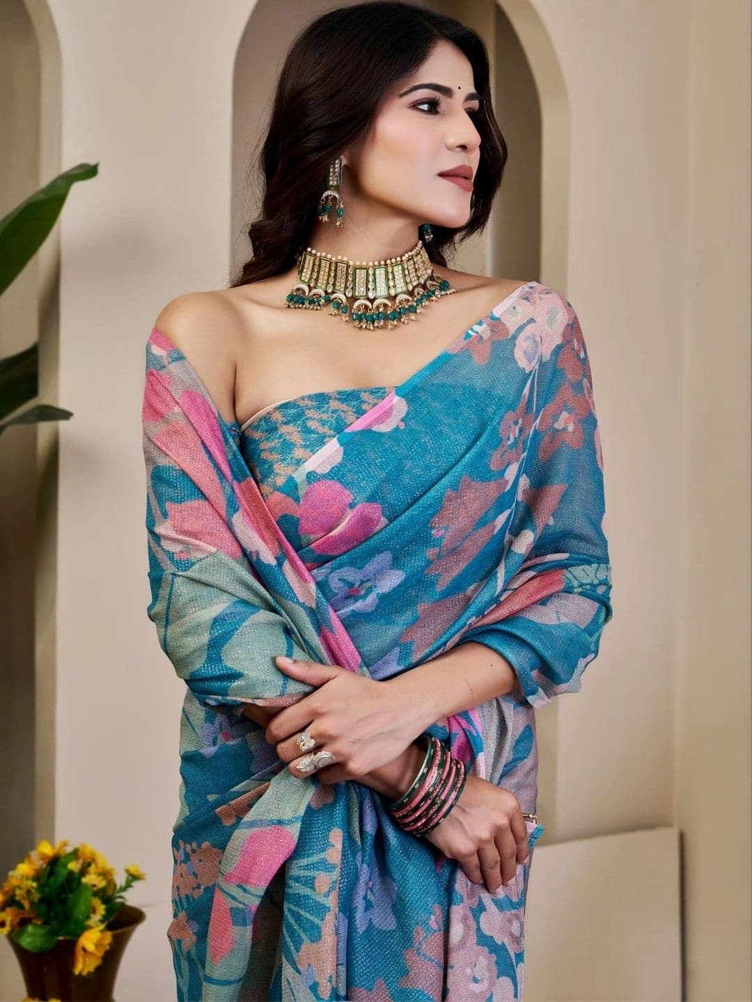 ZAMUNA Floral Tissue Designer Bhagalpuri Saree thumbnail 3