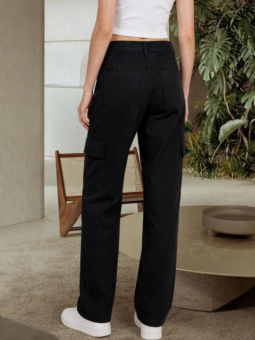 HERE&NOW Women's Jet Black Mid-Rise Wide-Leg Cargo Jeans thumbnail 4