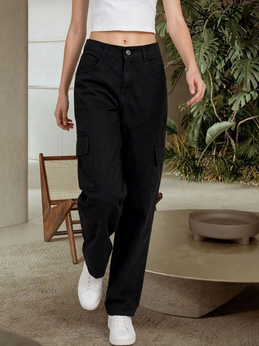 HERE&NOW Women's Jet Black Mid-Rise Wide-Leg Cargo Jeans thumbnail 3