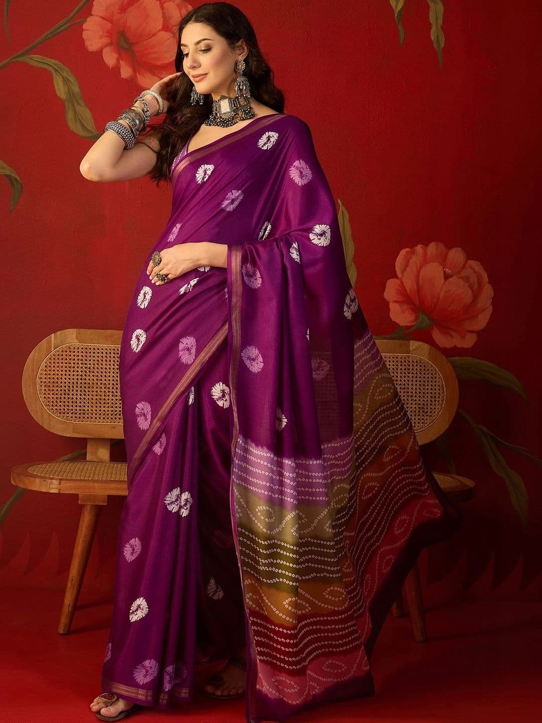 Sangria Bandhani Zari Silk Cotton Bandhani Saree thumbnail 3
