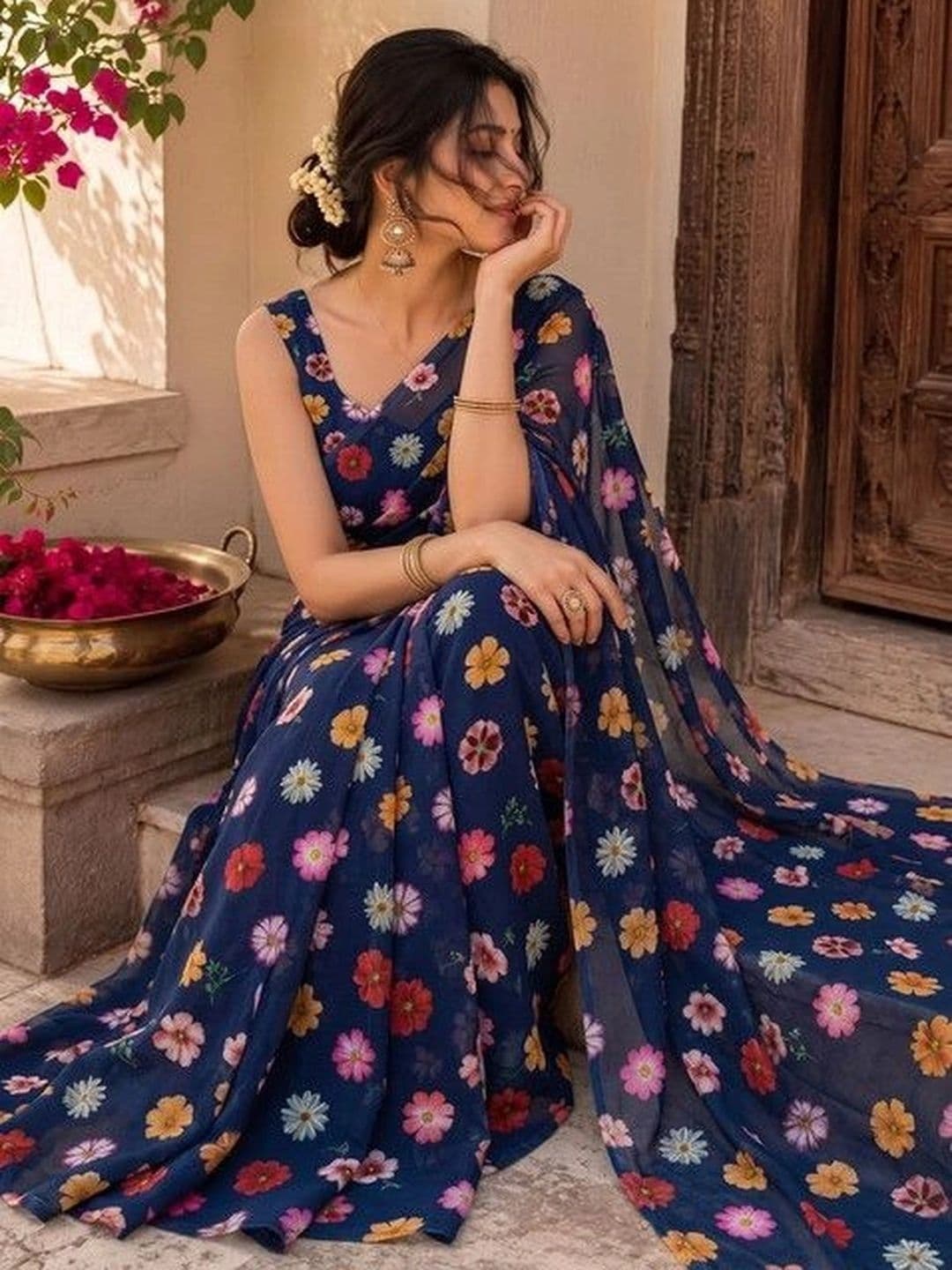 ARIHANT CREATIONS Floral Poly Georgette Saree thumbnail 5